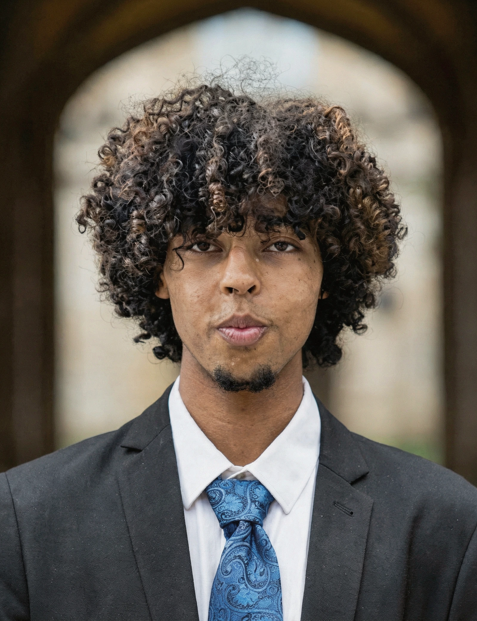 Portrait of Amine Laouy in a suit beneath a stone archway